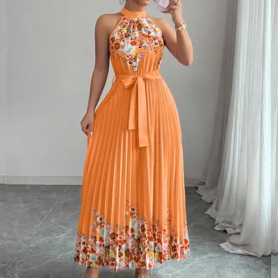Women Fashion Elegant Summer Flower Printed Halter-Neck Lace-Up Sleeveless Pleated Dress