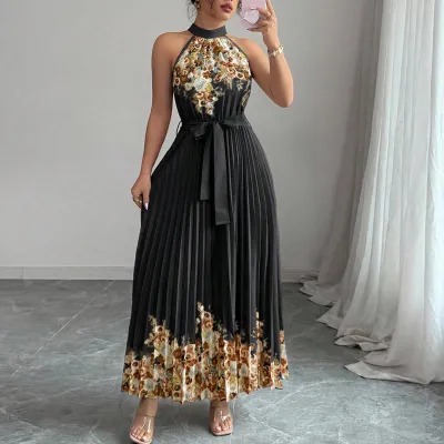 Women Fashion Elegant Summer Flower Printed Halter-Neck Lace-Up Sleeveless Pleated Dress