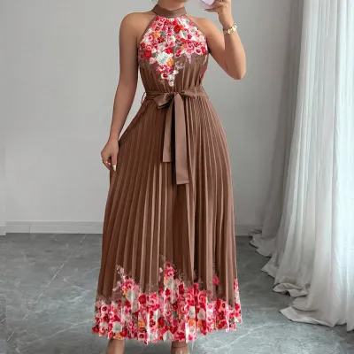 Women Fashion Elegant Summer Flower Printed Halter-Neck Lace-Up Sleeveless Pleated Dress