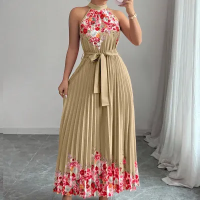Women Fashion Elegant Summer Flower Printed Halter-Neck Lace-Up Sleeveless Pleated Dress
