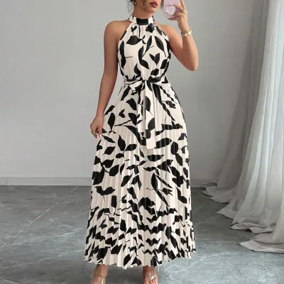 Women Fashion Elegant Summer Flower Printed Halter-Neck Lace-Up Sleeveless Pleated Dress