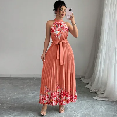 Women Fashion Elegant Summer Flower Printed Halter-Neck Lace-Up Sleeveless Pleated Dress