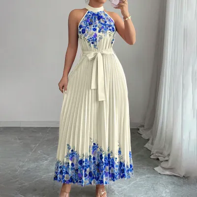 Women Fashion Elegant Summer Flower Printed Halter-Neck Lace-Up Sleeveless Pleated Dress