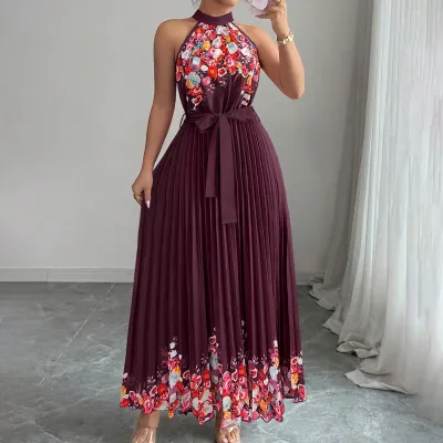Women Fashion Elegant Summer Flower Printed Halter-Neck Lace-Up Sleeveless Pleated Dress