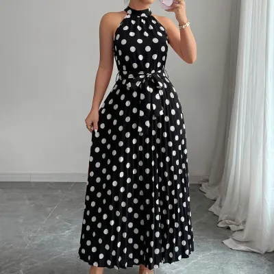 Women Fashion Elegant Summer Flower Printed Halter-Neck Lace-Up Sleeveless Pleated Dress
