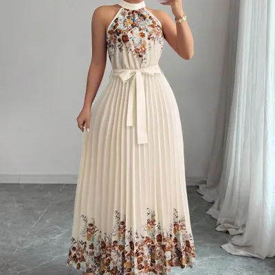 Women Fashion Elegant Summer Flower Printed Halter-Neck Lace-Up Sleeveless Pleated Dress