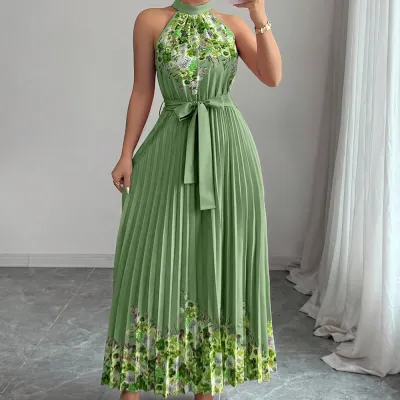 Women Fashion Elegant Summer Flower Printed Halter-Neck Lace-Up Sleeveless Pleated Dress