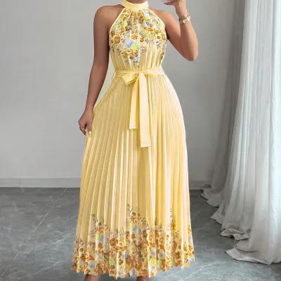 Women Fashion Elegant Summer Flower Printed Halter-Neck Lace-Up Sleeveless Pleated Dress