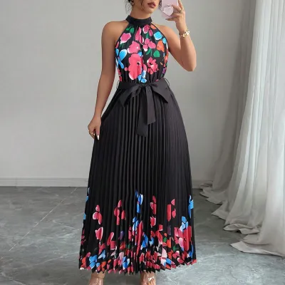 Women Fashion Elegant Summer Flower Printed Halter-Neck Lace-Up Sleeveless Pleated Dress