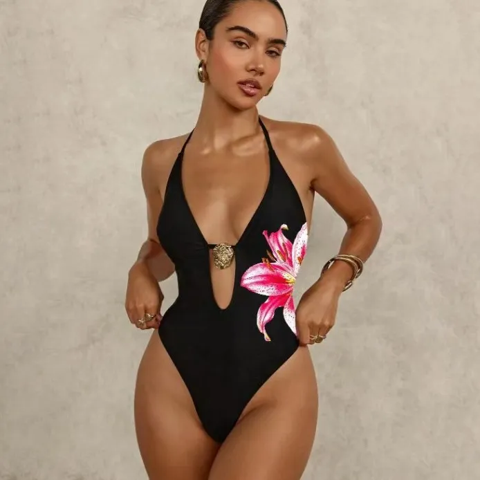 Women Fashion Sexy Flower Printed Halter-Neck Lace-Up One-Piece Swimsuit