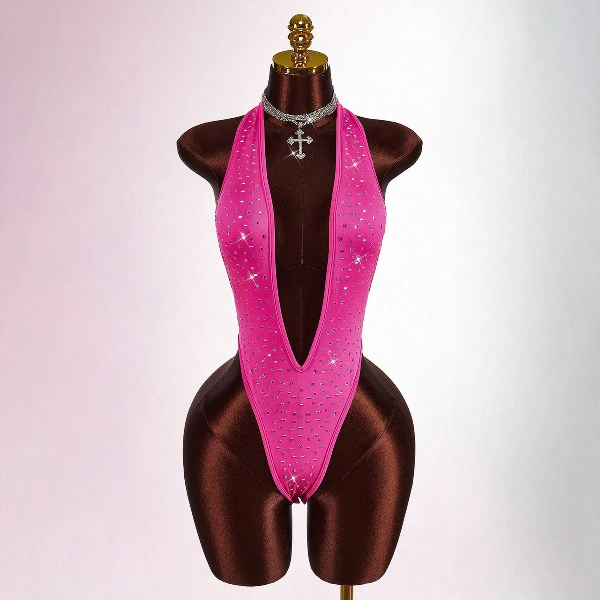 Women Fashion Sexy Sequins Deep V-Neck One-Piece Swimsuit