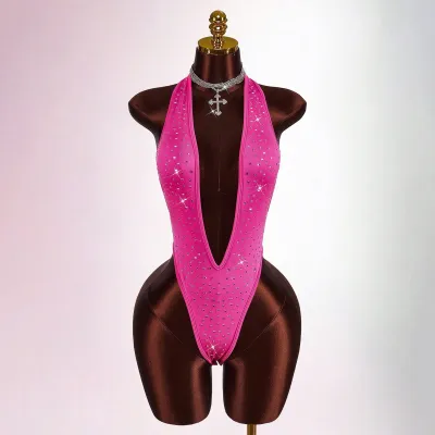 Women Fashion Sexy Sequins Deep V-Neck One-Piece Swimsuit