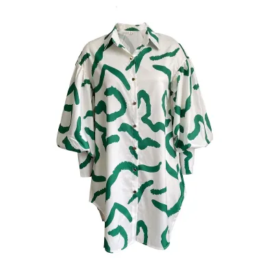 Women Fashion Casual Plus Size Printed Puff Sleeve Loose Dress