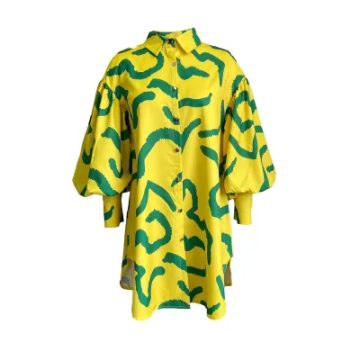 Women Fashion Casual Plus Size Printed Puff Sleeve Loose Dress