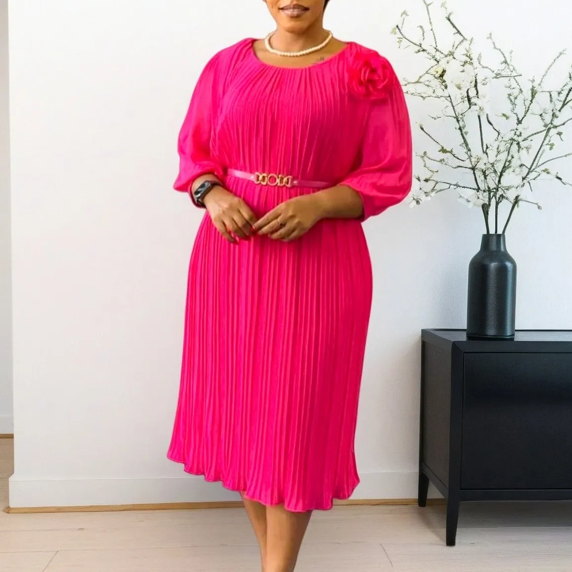 Women Fashion Elegant Plus Size Solid Color Short Sleeve Pleated African Dress