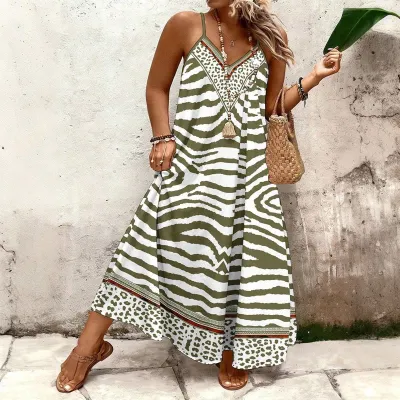 Women Fashion Casual Summer Boho Plus Size Printed V-Neck Spaghetti Strap Loose Dress