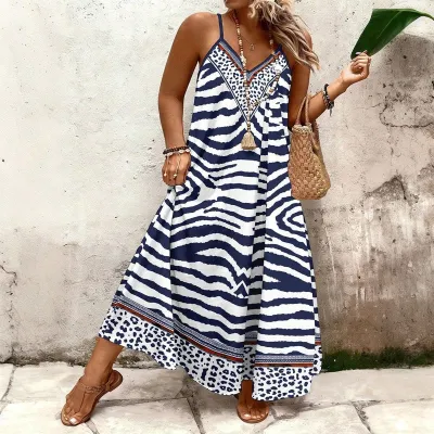 Women Fashion Casual Summer Boho Plus Size Printed V-Neck Spaghetti Strap Loose Dress
