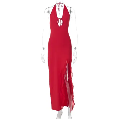 Women Fashion Sexy Summer Solid Color V-Neck Halter-Neck Backless Ruffled Lace-Up Dress