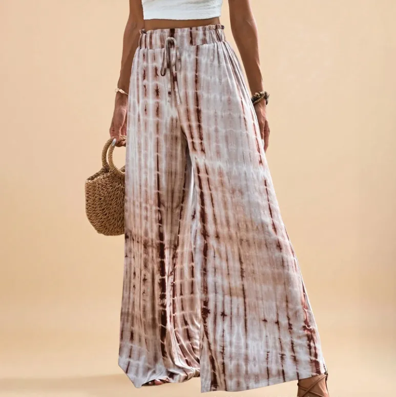 Women Fashion Casual Vacation Beach Drawstring Tie-Dye Printed Wide-Leg Pants