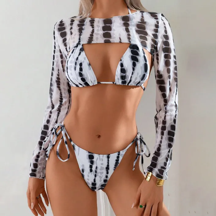 Women Fashion Sexy Tie-Dye Drawstring Bikini Swimsuit Cover-Ups Three-Piece Set