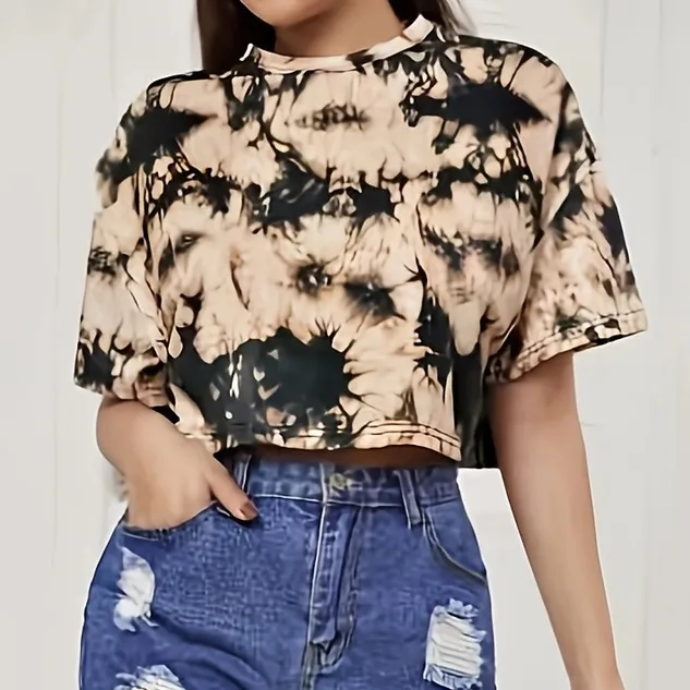 Women Fashion Casual Tie-Dye Design Short-Sleeve T-Shirt