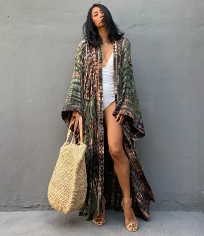 Women Fashion Casual Summer Cotton Tie-Dye Print Long-Sleeve Loose Swimsuit Cover-Ups