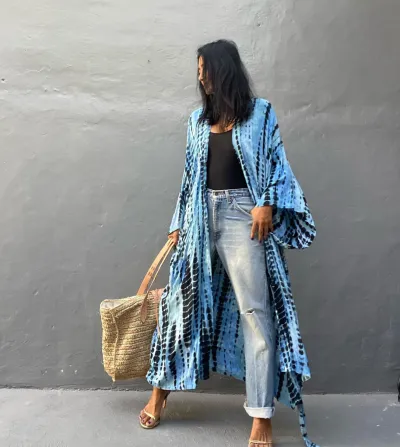 Women Fashion Casual Summer Cotton Tie-Dye Print Long-Sleeve Loose Swimsuit Cover-Ups