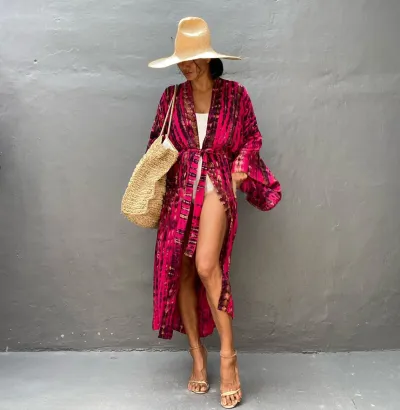 Women Fashion Casual Summer Cotton Tie-Dye Print Long-Sleeve Loose Swimsuit Cover-Ups