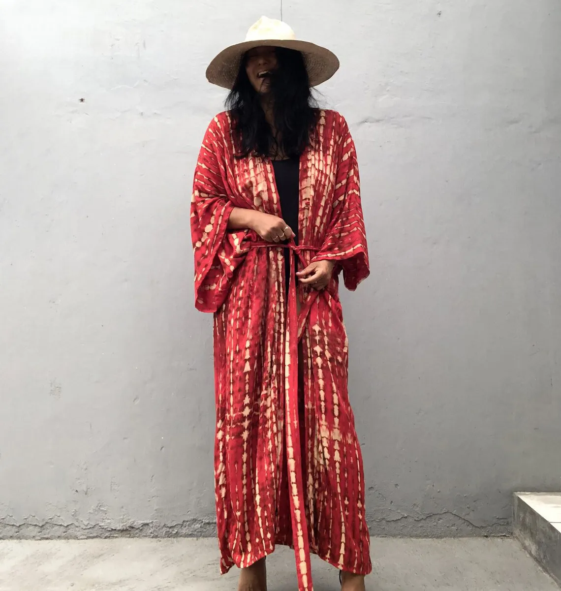 Women Fashion Casual Summer Cotton Tie-Dye Print Long-Sleeve Loose Swimsuit Cover-Ups
