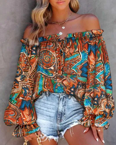 Women Fashion Casual Spring Tie-Dye Off-Shoulder Long Sleeve Lace-Up Blouse