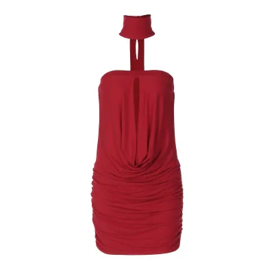 Women Fashion Sexy Summer Solid Color Halter-Neck Sleeveless Backless Dress