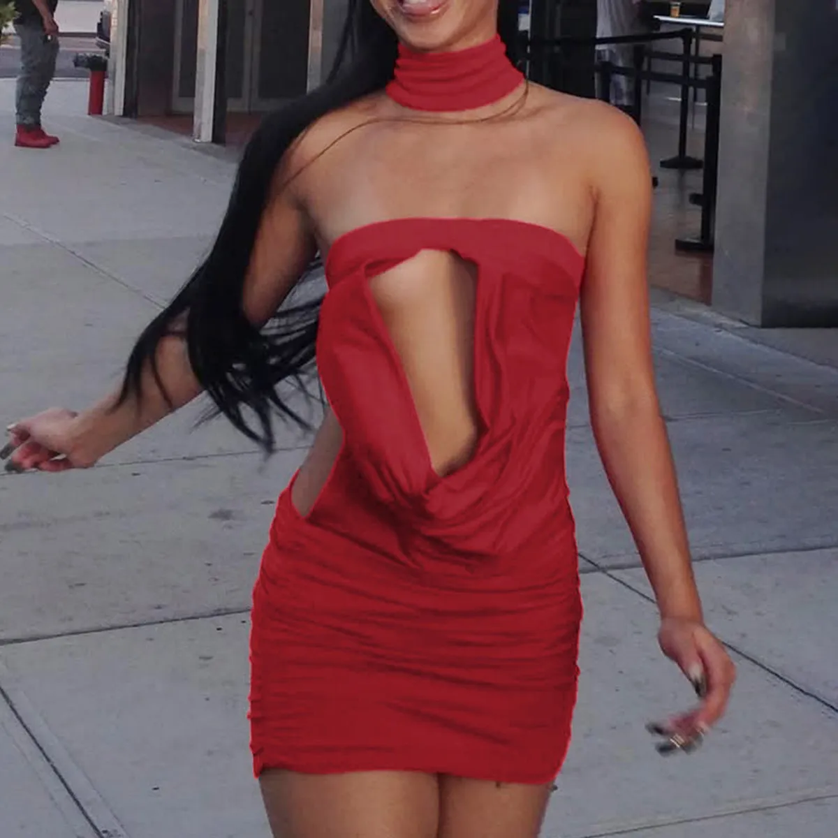 Women Fashion Sexy Summer Solid Color Halter-Neck Sleeveless Backless Dress