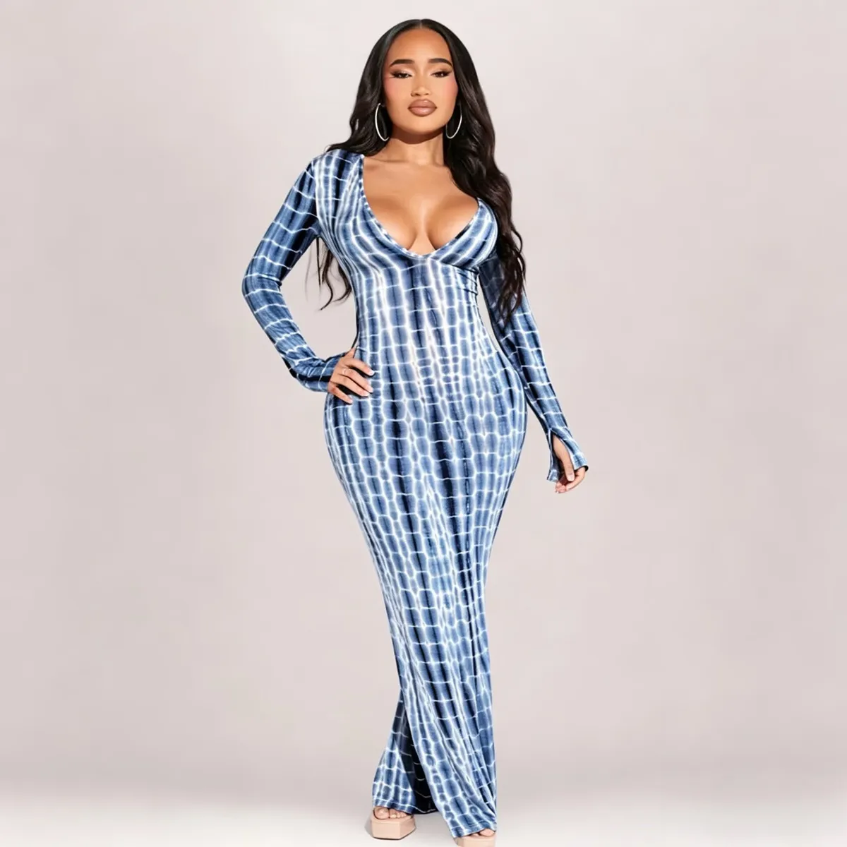 Women Fashion Sexy Tie-Dye Printed V-Neck Long-Sleeve Slim Fit Dress