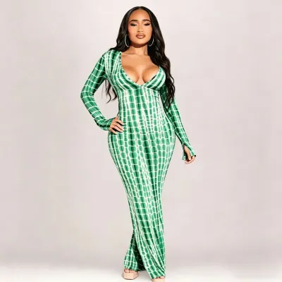 Women Fashion Sexy Tie-Dye Printed V-Neck Long-Sleeve Slim Fit Dress