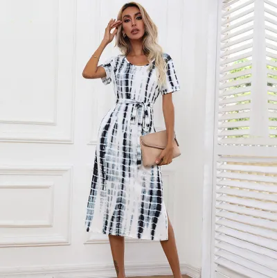 Women Fashion Casual Summer Tie-Dye Printed Short Sleeve Split Dress