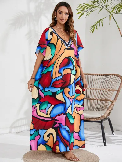 Women Fashion Casual Tie-Dye Beach Short-Sleeve Loose Swimsuit Cover-Ups