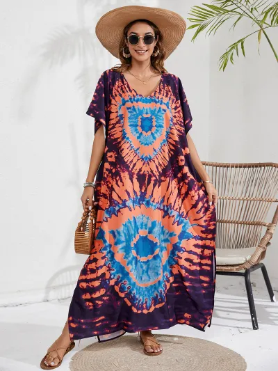 Women Fashion Casual Tie-Dye Beach Short-Sleeve Loose Swimsuit Cover-Ups