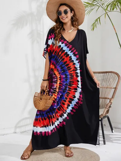 Women Fashion Casual Tie-Dye Beach Short-Sleeve Loose Swimsuit Cover-Ups