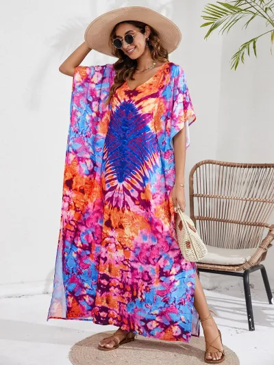 Women Fashion Casual Tie-Dye Beach Short-Sleeve Loose Swimsuit Cover-Ups
