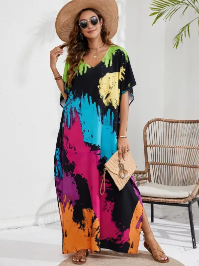 Women Fashion Casual Tie-Dye Beach Short-Sleeve Loose Swimsuit Cover-Ups