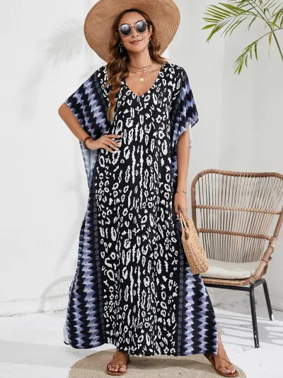 Women Fashion Casual Tie-Dye Beach Short-Sleeve Loose Swimsuit Cover-Ups