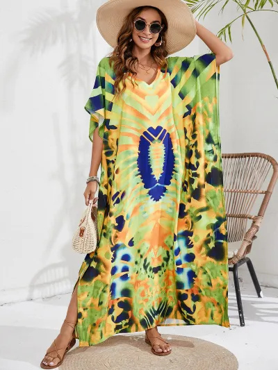 Women Fashion Casual Tie-Dye Beach Short-Sleeve Loose Swimsuit Cover-Ups