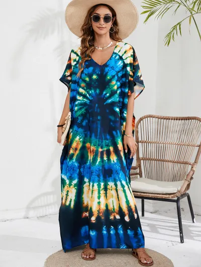 Women Fashion Casual Tie-Dye Beach Short-Sleeve Loose Swimsuit Cover-Ups