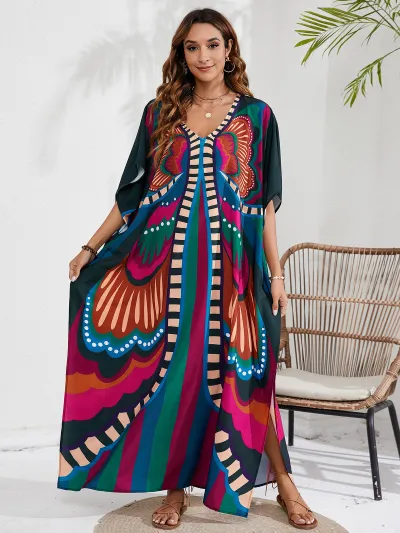 Women Fashion Casual Tie-Dye Beach Short-Sleeve Loose Swimsuit Cover-Ups