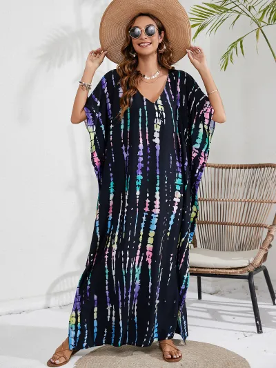 Women Fashion Casual Tie-Dye Beach Short-Sleeve Loose Swimsuit Cover-Ups
