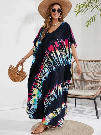 Women Fashion Casual Tie-Dye Beach Short-Sleeve Loose Swimsuit Cover-Ups
