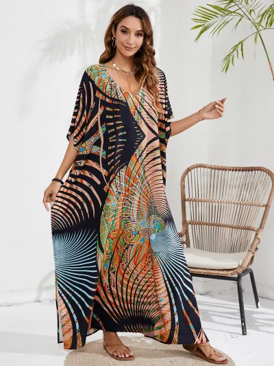 Women Fashion Casual Tie-Dye Beach Short-Sleeve Loose Swimsuit Cover-Ups