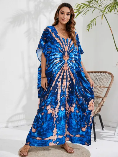 Women Fashion Casual Tie-Dye Beach Short-Sleeve Loose Swimsuit Cover-Ups