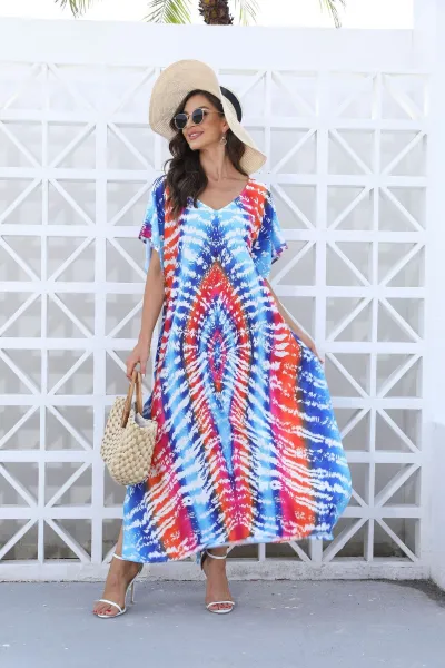 Women Fashion Casual Tie-Dye Beach Short-Sleeve Loose Swimsuit Cover-Ups