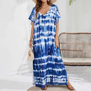 Women Fashion Casual Tie-Dye Beach Short-Sleeve Loose Swimsuit Cover-Ups